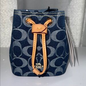 Coach Signature Jacquard Blue Denim Mini Bucket Bag with Tan Details